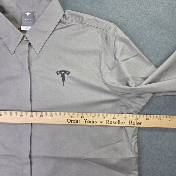 Tesla Shirt Womens L Gray Button Down 3/4 Sleeve Embroidered Logo Stretch Moto - Picture 9 of 13